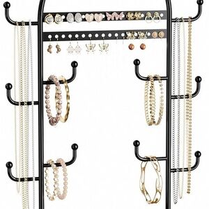 Black Jewelry Stand Organizer – Necklace & Earring Holder with Wooden Tray